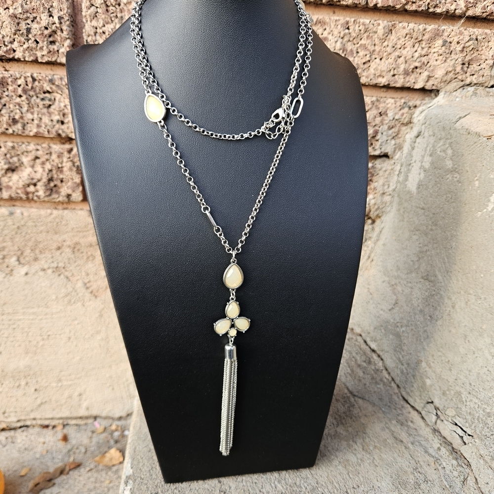 Silver and Pale Yellow Long Layering Necklace Women's Jewelry Tassel